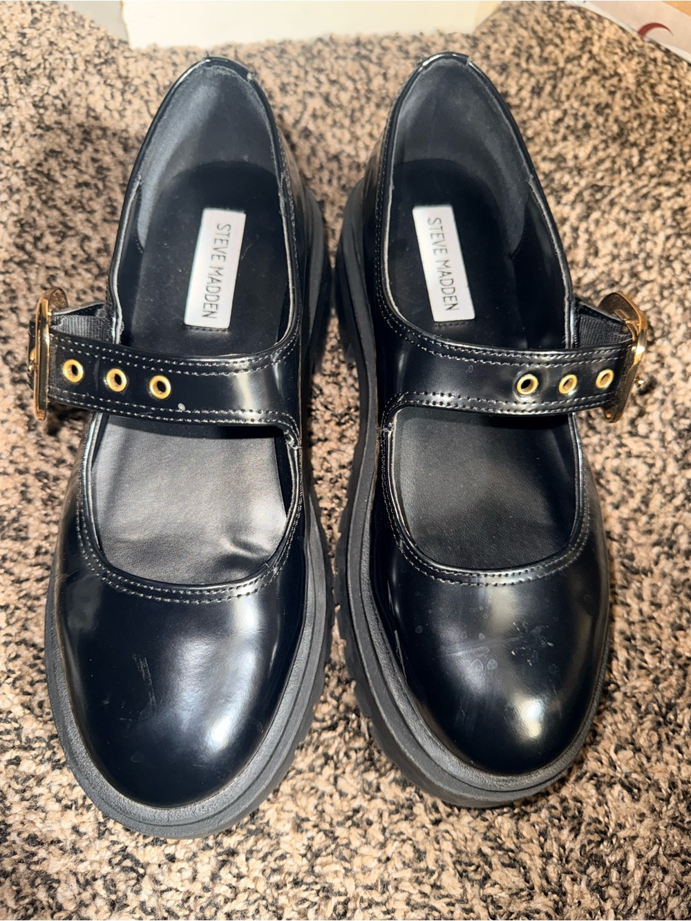 Steve Madden Black Patent Mary Jane Loafers with Gold Hardware